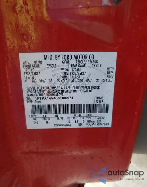 2006 Ford F150 из США, поврежденный, VIN 1FTPX14V46NB06971